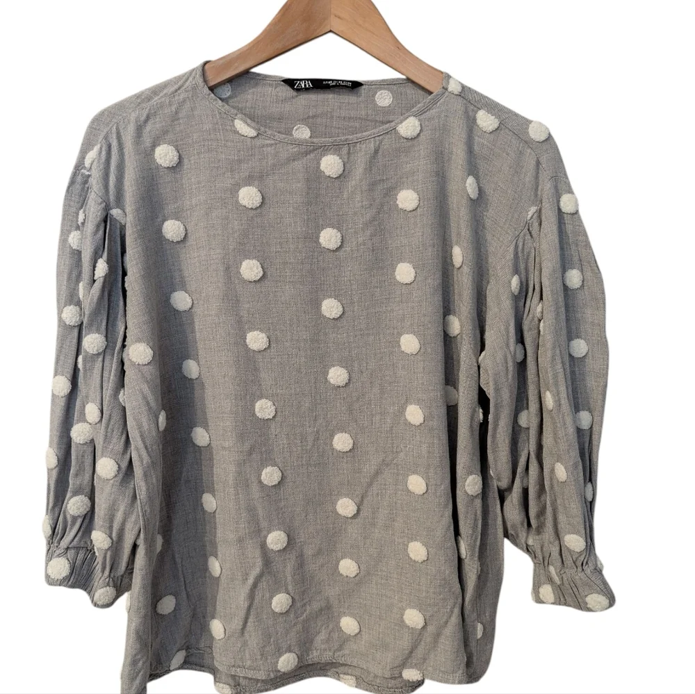 ZARA Puff Sleeve Gray With White Polka Dot Top Size XS